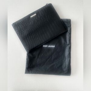 Authentic Saint Laurent Black Croc Embossed Leather Pouch Like New